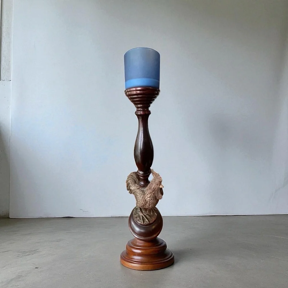 Rustic Rooster Pillar Candle Holder Dark Wood Resin Stand Farmhouse Country 16